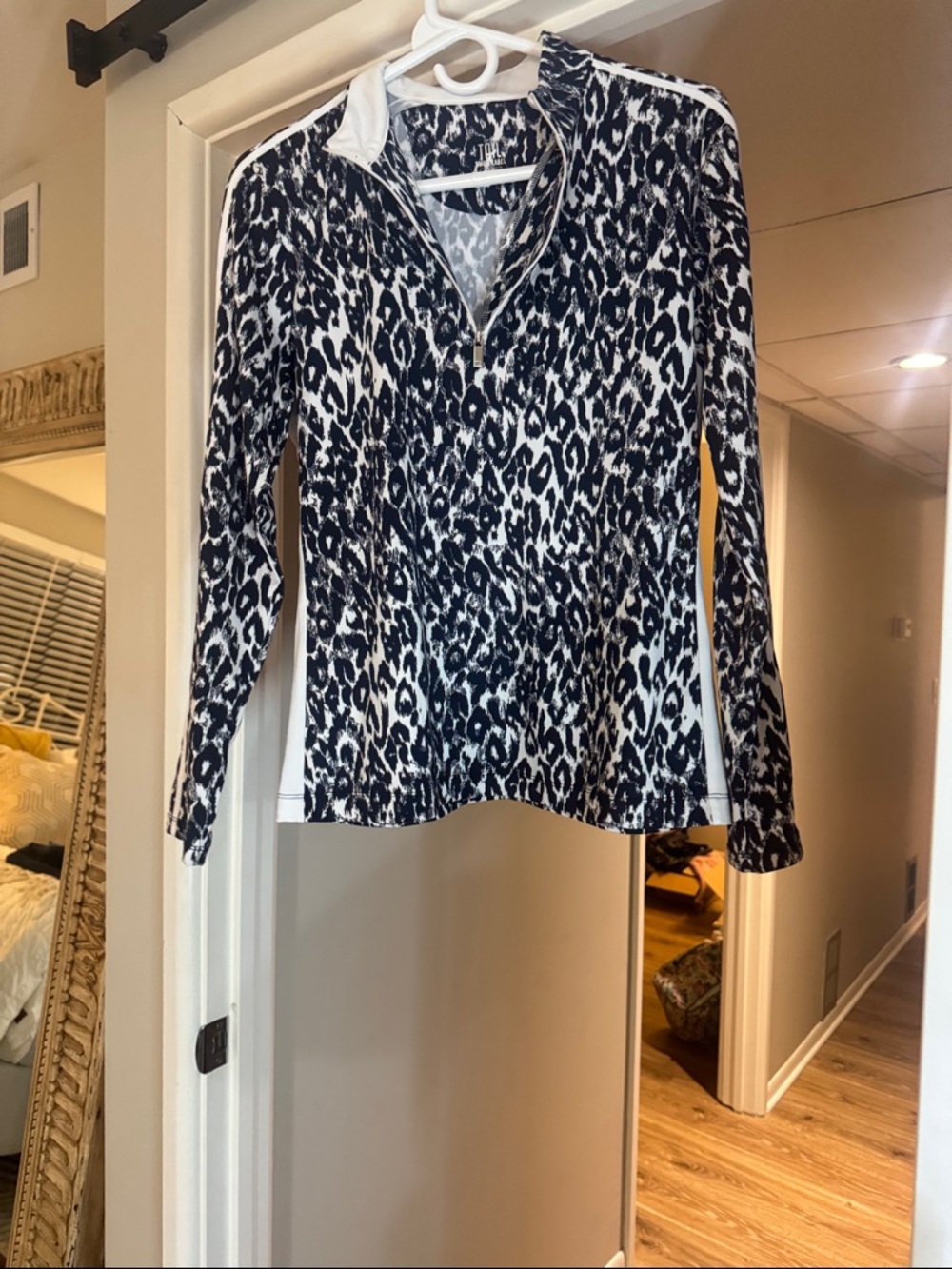 Navy and White Leopard-Print Long Sleeve Athletic Jacket